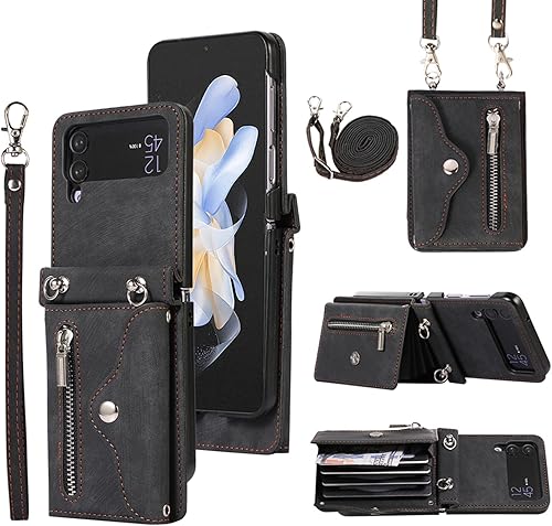Miniatura 1 de Funda para teléfono Samsung Galaxy Z Flip 4 5G 2022 con correa cruzada para muñeca, cordón, soporte para tarjeta de crédito, ranura para el hombro,