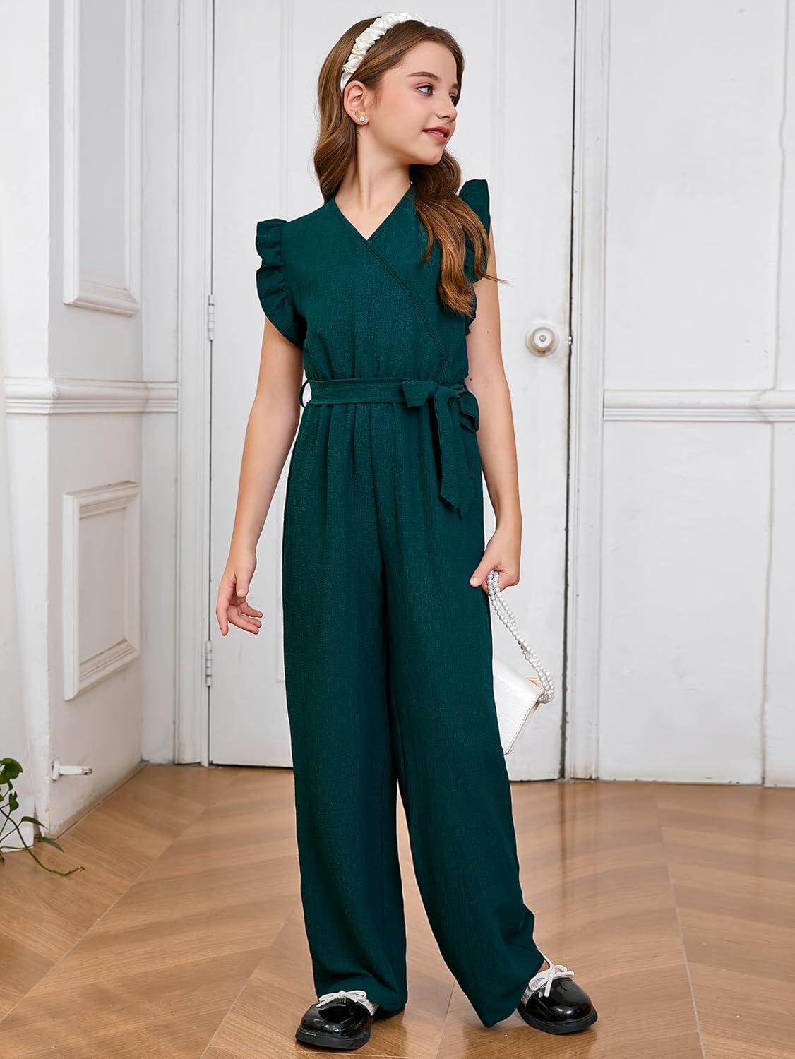 WDIRARA Girl's Ruffle Trim Wrap V Neck Cap Sleeve Cute Jumpsuit Belted Wide Leg Pants - Image 3