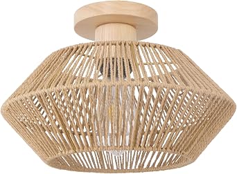 Boho Rattan Ceiling Lights Living Room, 1-Light Hand Woven Ceiling Lamp, Natural Farmhouse Chandeliers Ceiling Light Fitting for Bedroom Kitchen Entryway Hallway Foyer [Energy Class A]