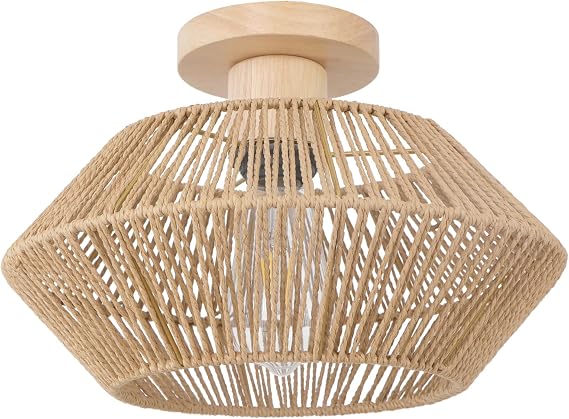 Boho Rattan Ceiling Lights Living Room, 1-Light Hand Woven Ceiling Lamp, Natural Farmhouse Chandeliers Ceiling Light Fitting for Bedroom Kitchen Entryway Hallway Foyer [Energy Class A]