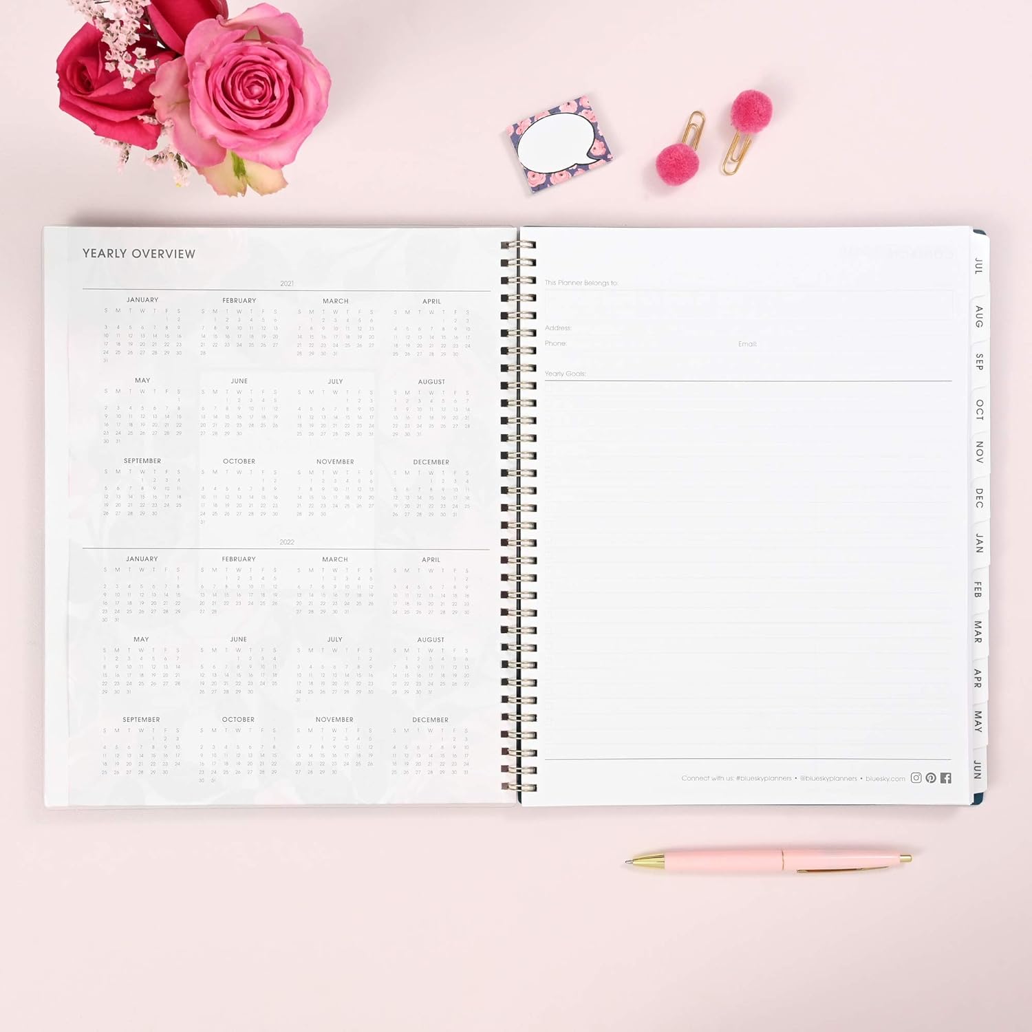 Blue Sky 2021-2022 Academic Year Weekly & Monthly Planner, 8.5" x 11", Frosted Flexible Cover, Wirebound, Roosevelt Pink (128692) : Everything Else