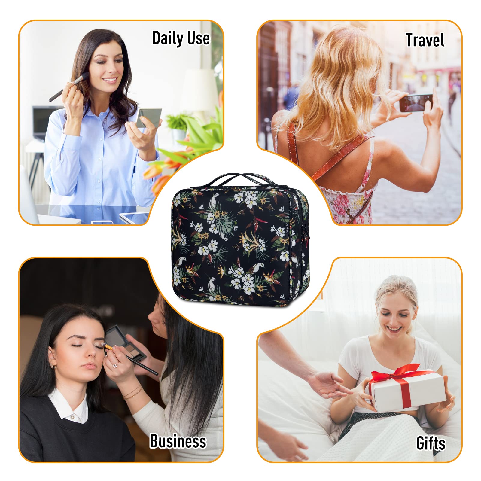 Gloppie Neceser de maquillaje para mujer, XXL, para colgar, organizador de viaje, Negro - Patrón floral blanco, XXL, Maletín de cosméticos