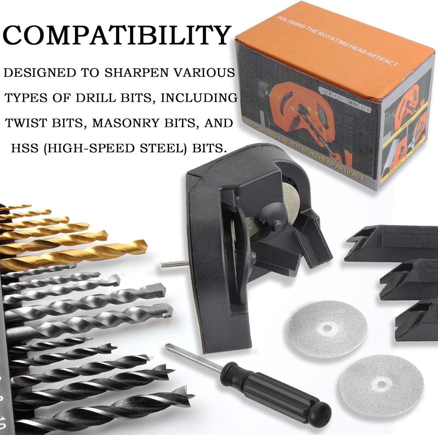JONMON Drill Bit Sharpener, Multipurpose 3 Sizes Drill Bit Grinding Sharpening Tool with 2 Grinding Wheel Blades and Screwdriver for 5/64-5/8 Inch High Speed Steel, Masonry, Carbide, Cobalt Bits