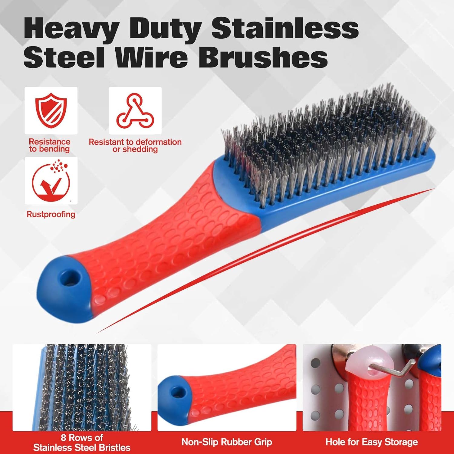4-Pack 8-Row Heavy Duty Wire Brushes with Scraper, Stainless Steel Rust & Paint Removal Brush Set for Grill, Metal, Auto, DIY Cleaning image 2