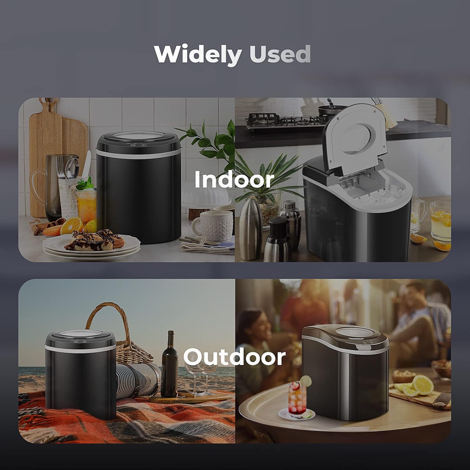 Images showing the ice maker being used indoors in a kitchen and outdoors at a picnic.