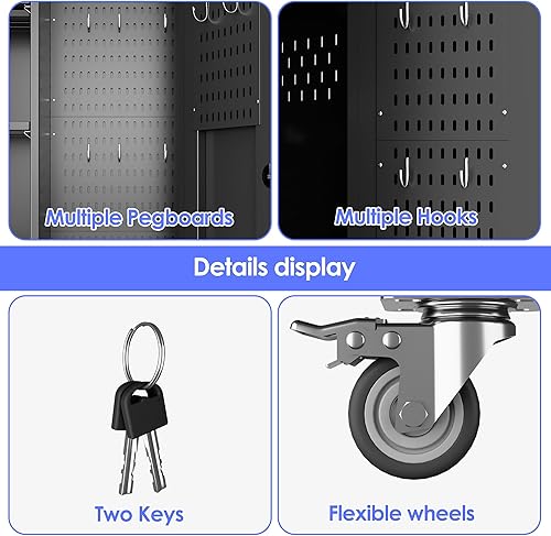 Miniatura 61 de Armario de almacenamiento de garaje con ruedas, gabinete de herramientas de metal de 35.43 pulgadas de alto con tablero de clavijas y 4 ganchos