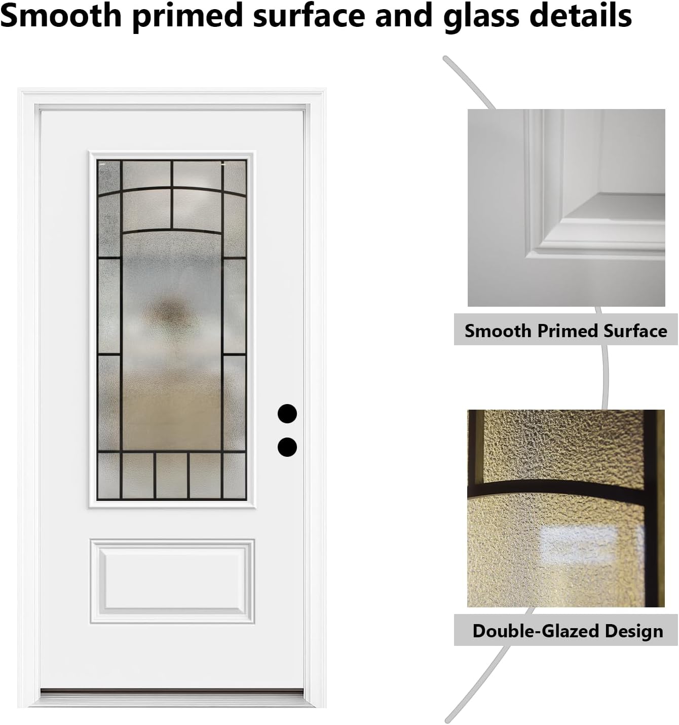 Contemporary 36" x 80" Front Door, Smooth Fiberglass Entry with 3/4 Decorative Glass，Left Hand Inswing Exterior Entry Door for Home
