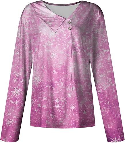 Miniatura 4 de Camisas de manga larga para mujer, lindo estampado de copos de nieve de Navidad, con solapa asimétrica, botón de solapa, camiseta de fiesta de