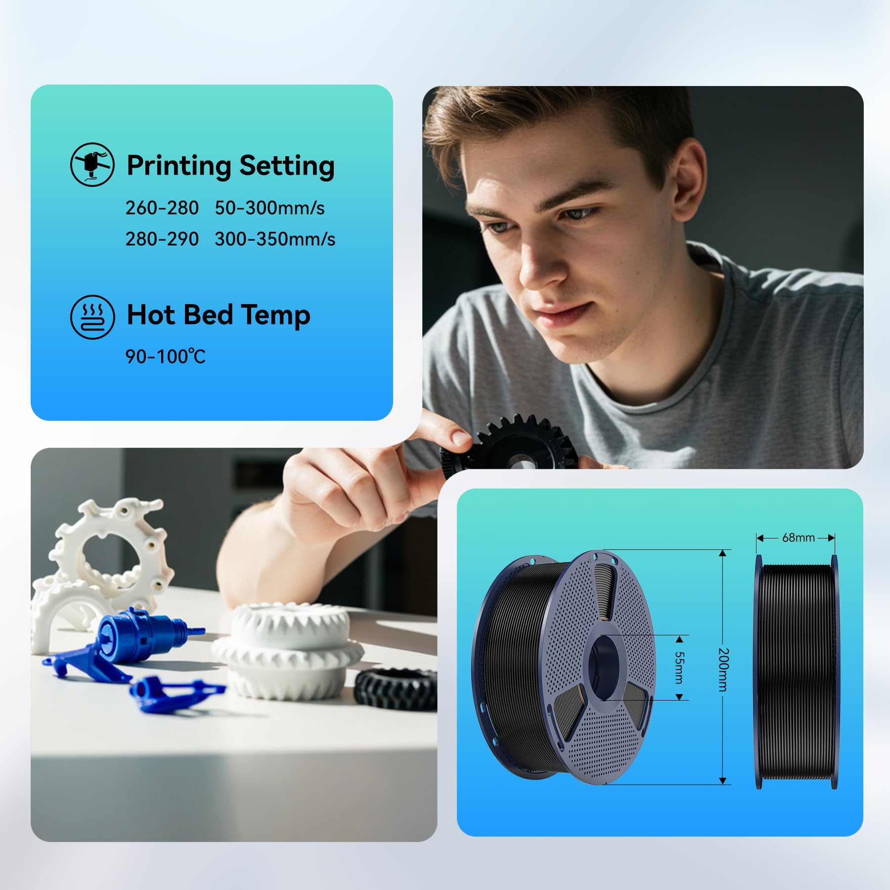 SUNLU 4KG Szybki filament ABS czarny 1,75 mm, filament do drukarki 3D ABS | 350mm/s wysoka prędkość szpula ABS, wysoka odporność na ciepło i doskonała wytrzymałość, czarny 4000g