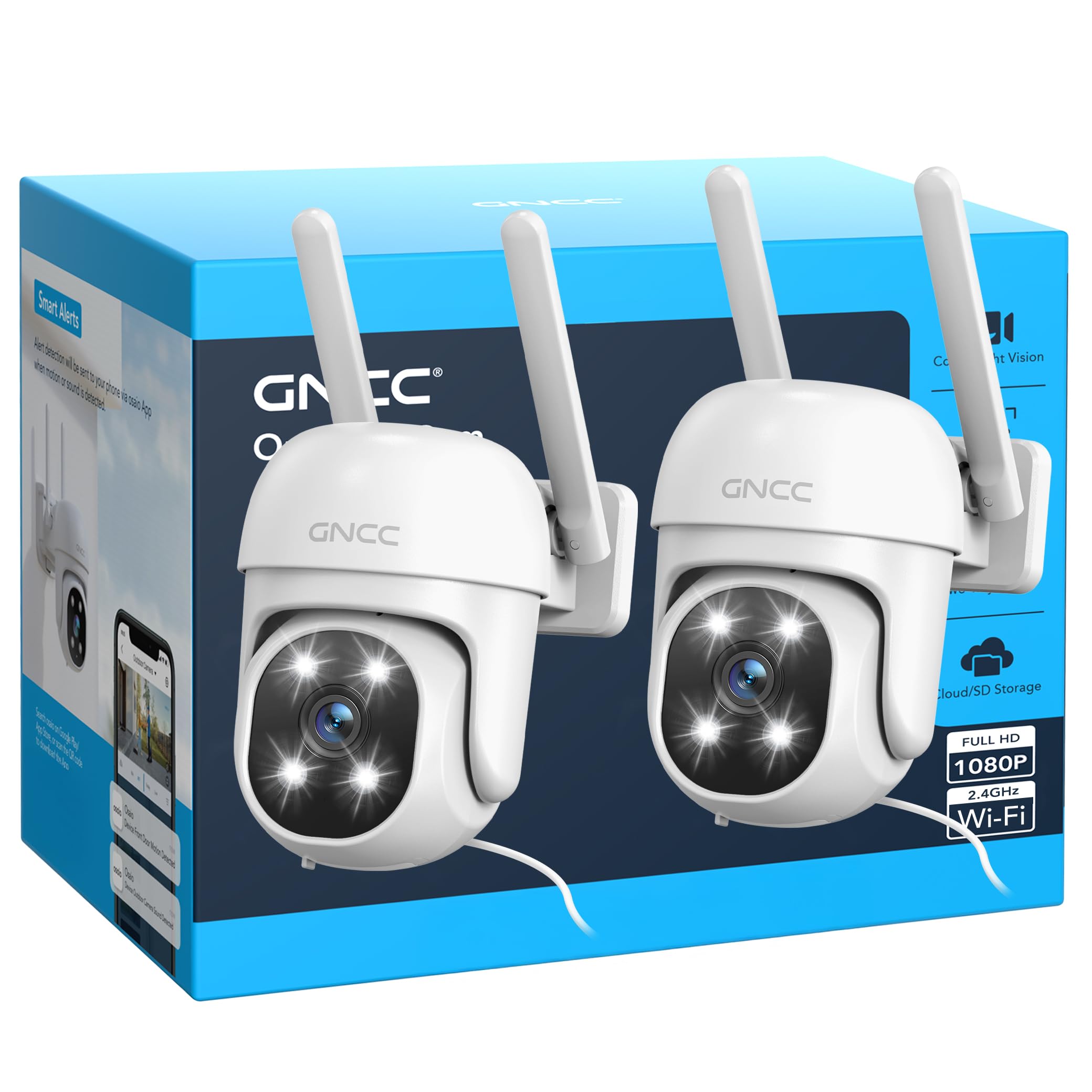 GNCC GK2 Kit 2 Telecamera Wi-Fi Esterno 1080P Videocamera PTZ 360°, IP65 | Tracciamento Intelligente, Allarme Luminoso, IP65, 24/7, Compatibile con 2,4 GHz, Rilevamento Movimento, Plug-in, Cavo 3m