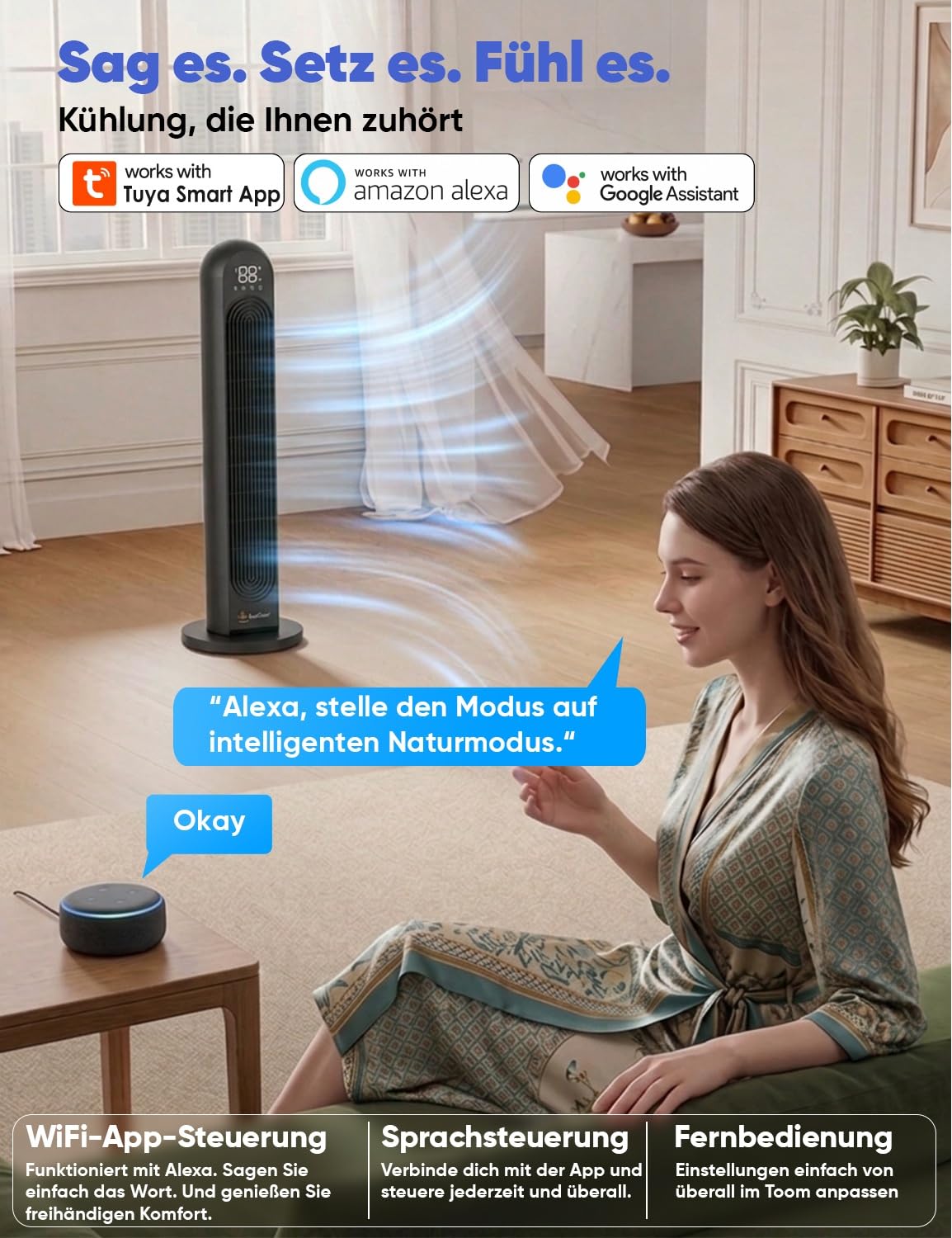 EcoNour Ventilador de torre inteligente de 42 pulgadas | Ventilador oscilante silencioso con WiFi, Alexa y mando a distancia | 12 velocidades, 4 modos, temporizador de 12 horas, pantalla LED táctil