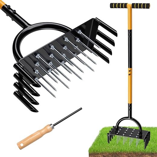 MASYHLEST 2-in-1 Lawn Aerator Manual Metal Core Aerators Lawn Tool with 16 Iron Spikes, 8 Coring, Garden Grass Plug Spikes Aerating Coring Tools for Yard Lawn Soil Care, Revives Lawn Health