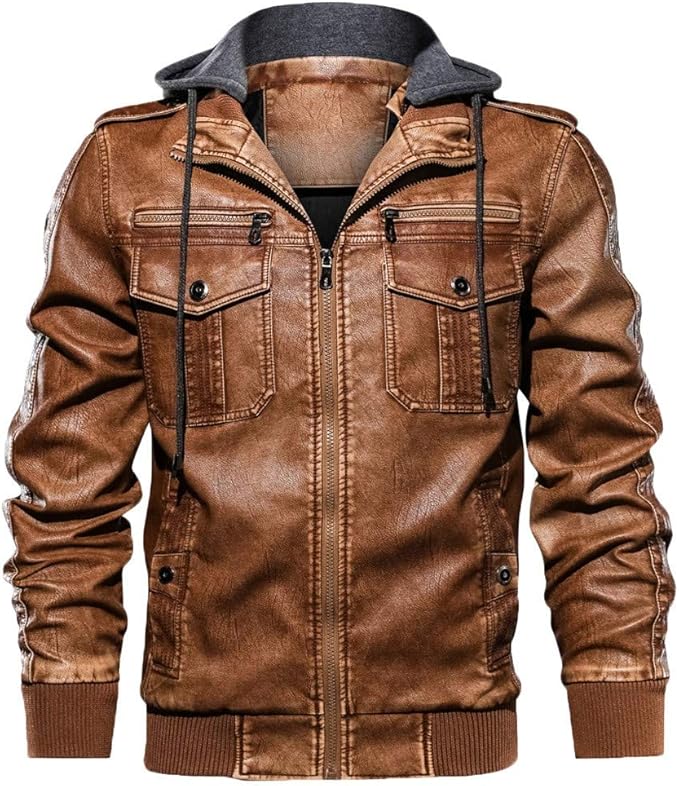 Clearance Forthery Mens Leather Coat Vintage Leather Jacket Slim Fit