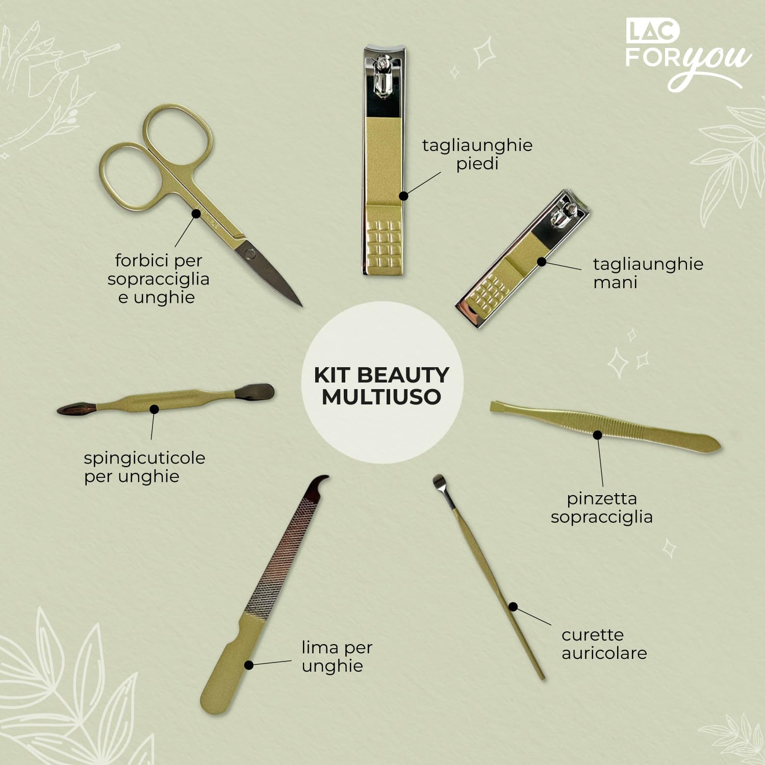 LAC FOR YOU Set Manicure 7 Pezzi – Kit per Unghie e Pedicure Professionale per Donna e Uomo, Set da Viaggio – Verde