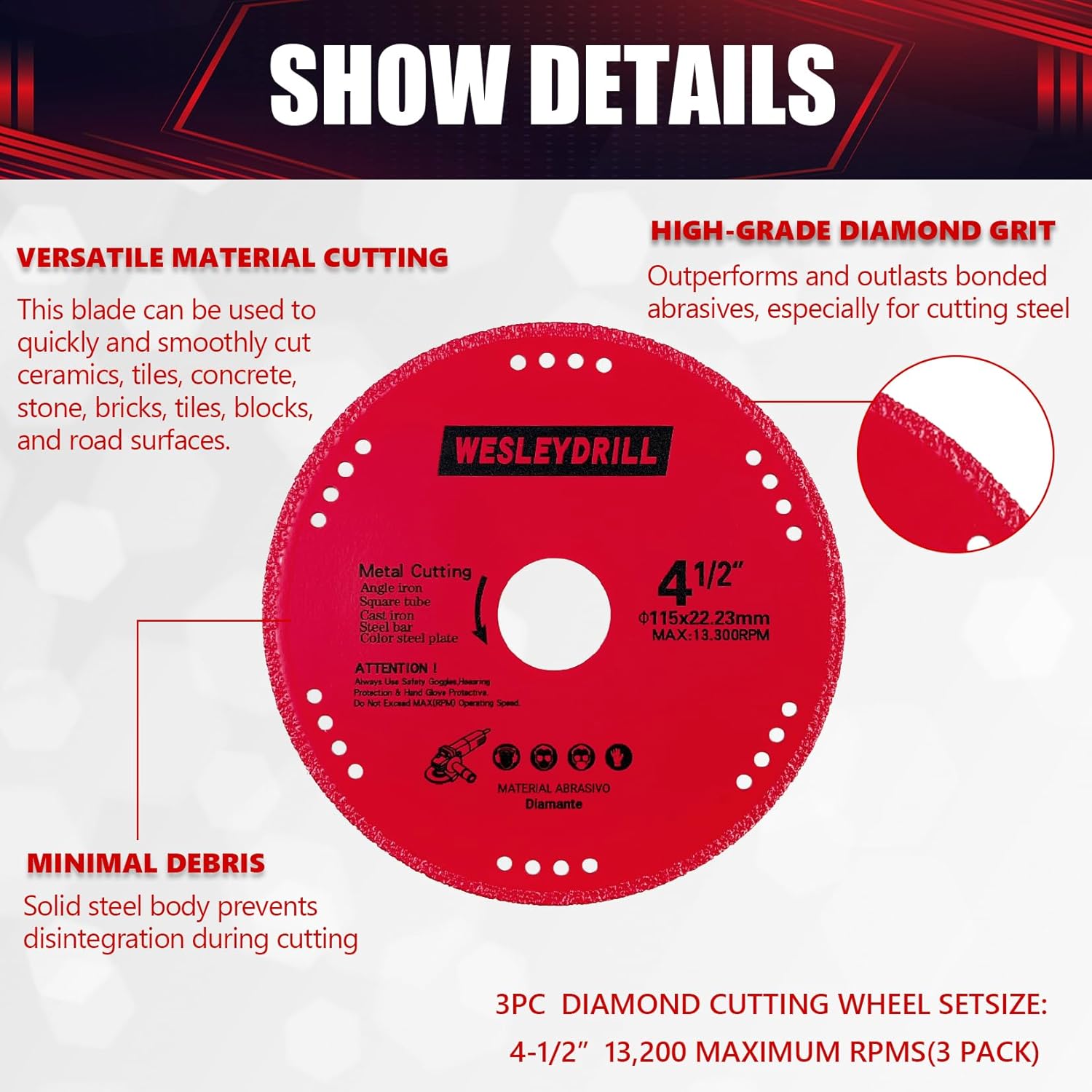 3 Packs 4-1/2" Diamond Metal Cutting Cut Off Blade, Heavy Duty Multi-Purpose Cutting Wheel, Suitable for 7/8 "Angle Grinder Diamond Grinding Disc, Steel, Sheet Metal,Iron