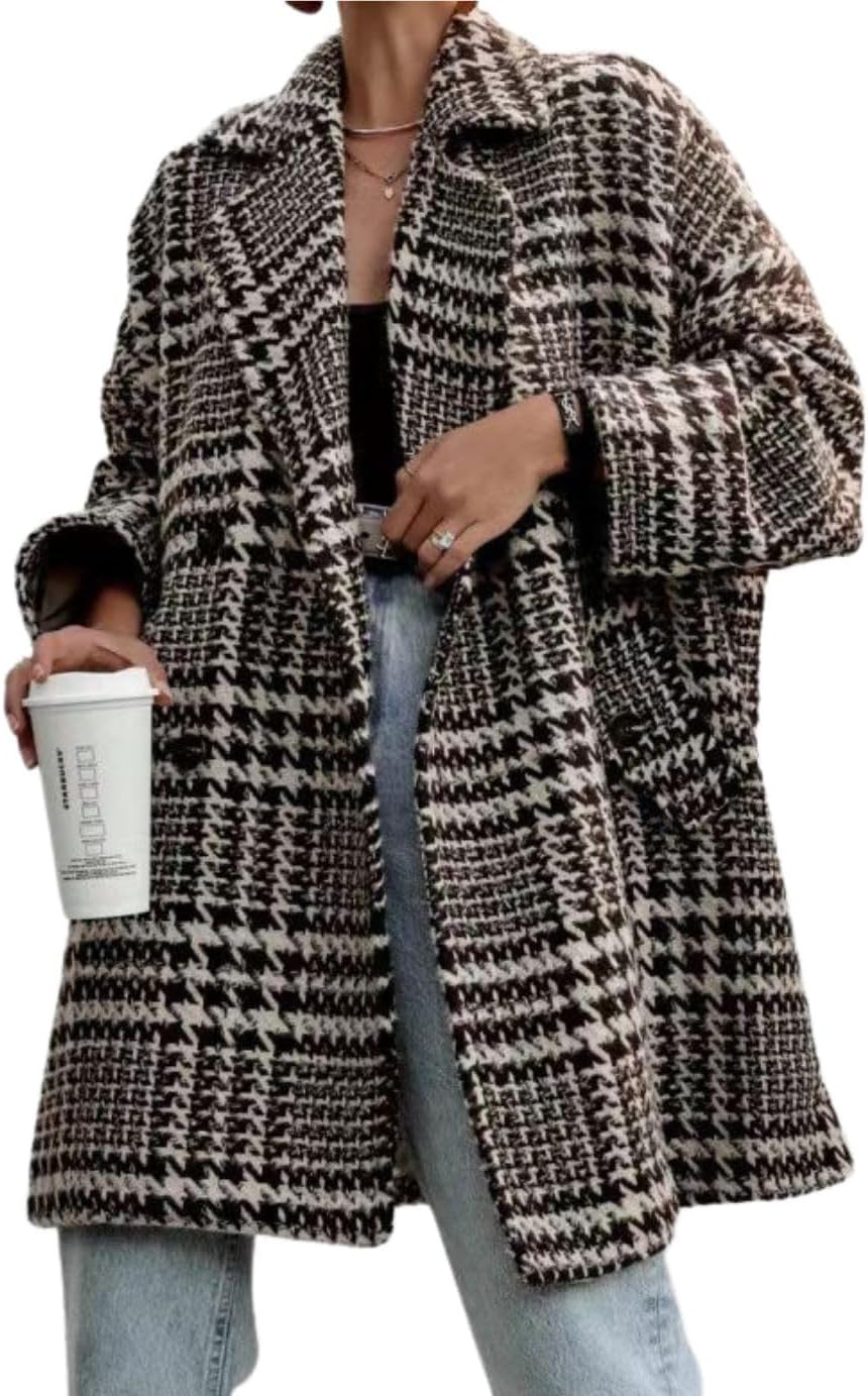 Chouyatou Women Winter Houndstooth Wool Blend Coat Notch Lapel Loose Warm Mid Long Double Breasted Peacoat