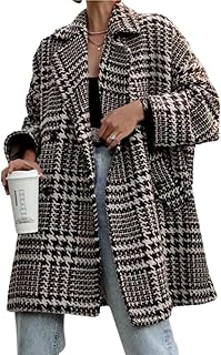 Women Winter Houndstooth Wool Blend Coat Notch Lapel Loose Warm Mid Long...