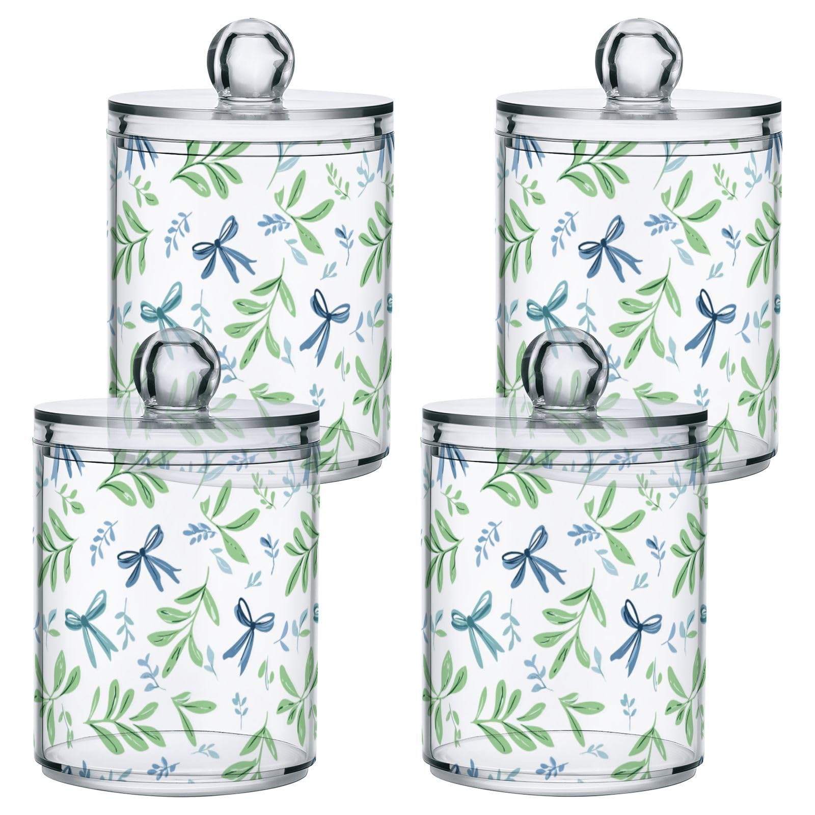 Gredecor 4 Pack Qtip Holder Clear Blue Bows Green Leaves (4) Apothecary Jars with Lids Acrylic Bathroom Jars Vanity Countertop Canister Storage Organizer for Cotton Ball,Swabs,Pads,Floss