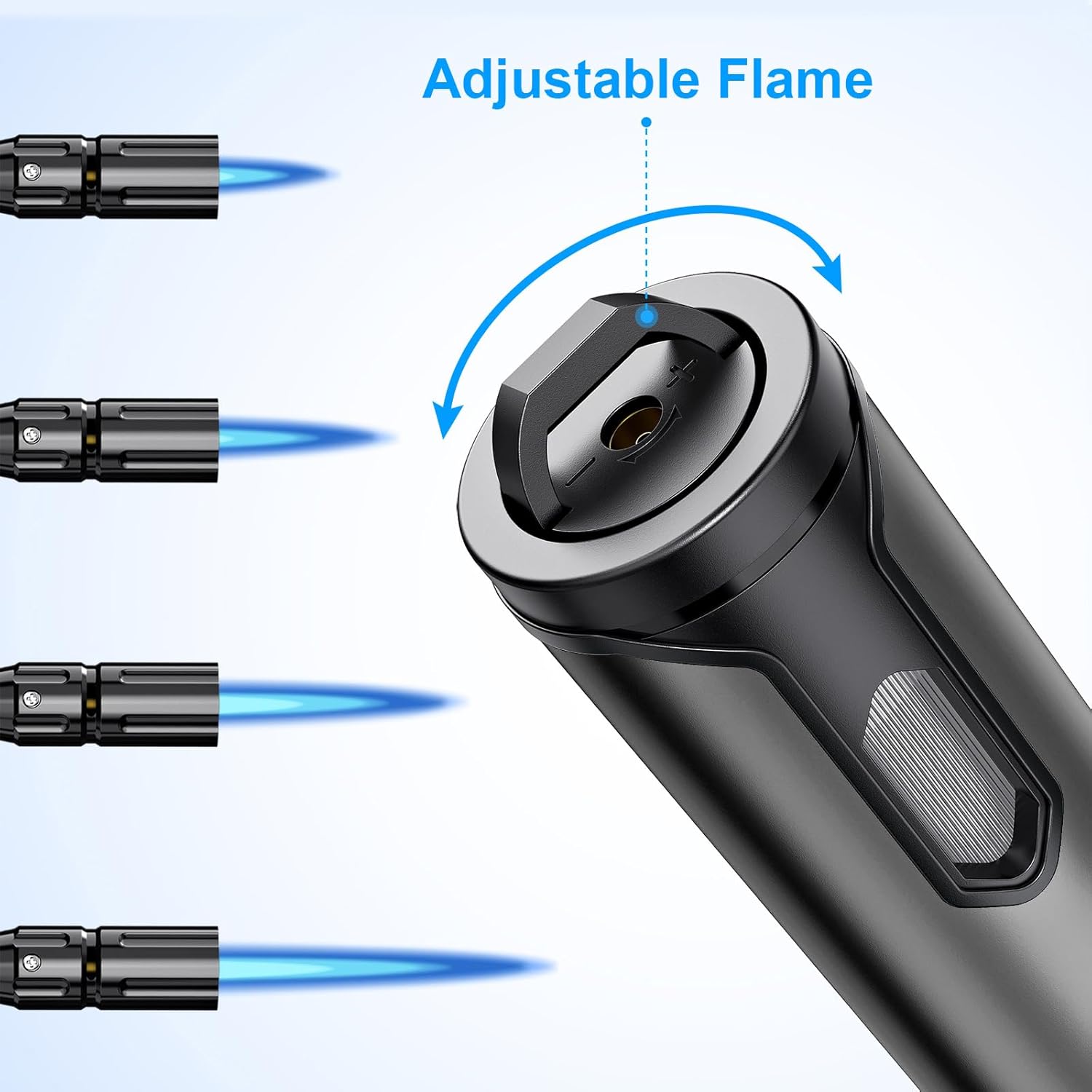 Image showing the flame adjustment wheel at the base of the lighter, with arrows indicating how to increase or decrease flame size.