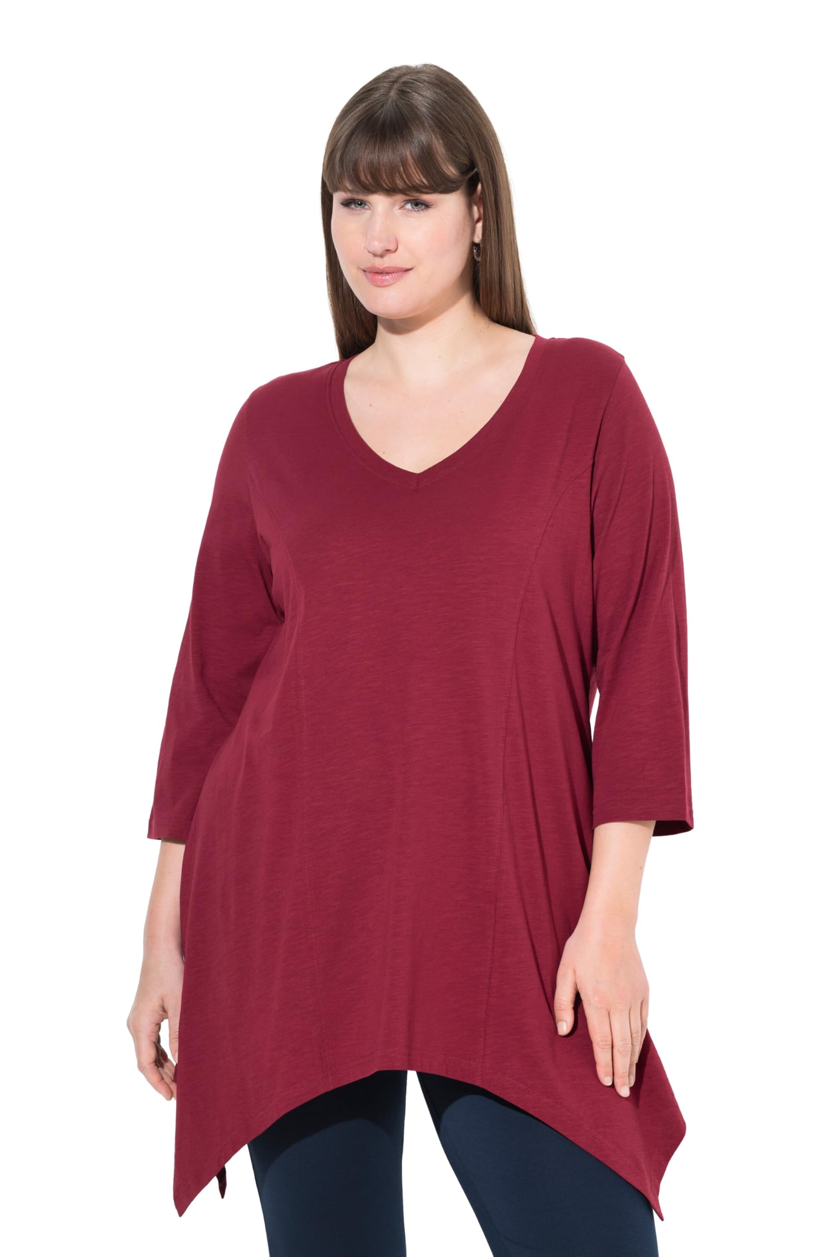 Ulla Popken Damen große Größen Übergrößen Plus Size Shirt, Zipfelsaum, V-Ausschnitt, 3/4-Arm, Biobaumwolle 808082