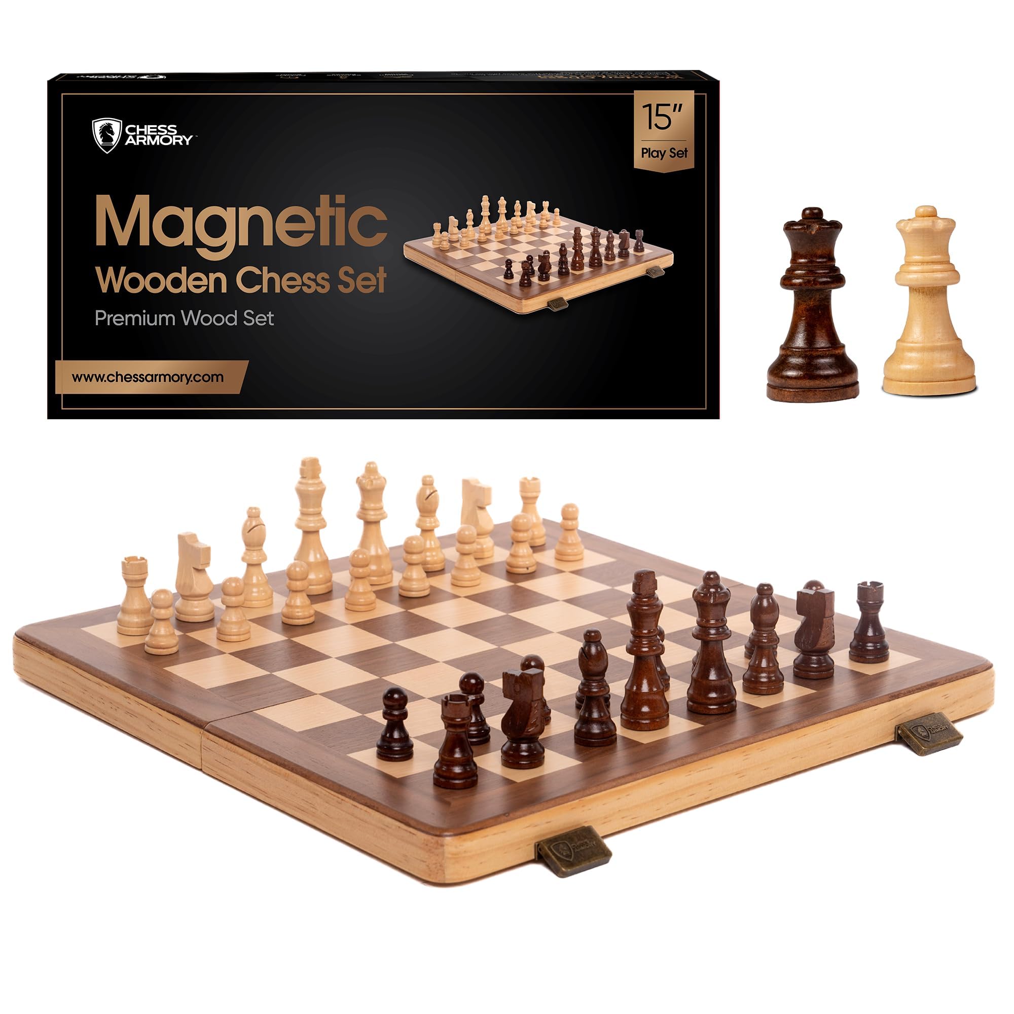 15 Inch Magnetic Wooden Chess Set for Adults & Kids - Folding Travel Chess Board with Handcrafted Staunton Pieces, Extra Queens, and Storage Slots