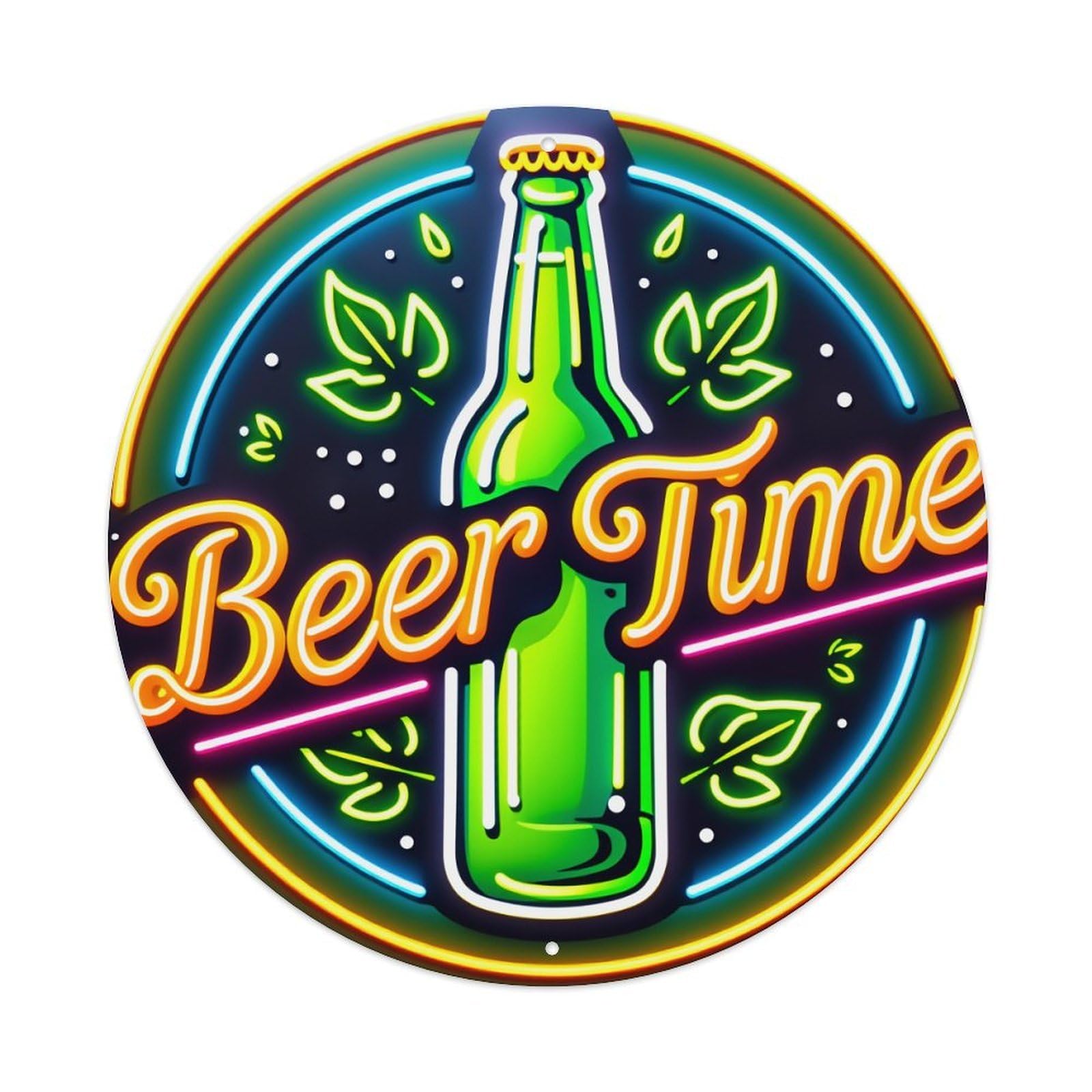 Neon Beer Bottle Leaves Circle Design Round Vintage Tin Sign,Retro Wall Art,Metal Poster for Home, Bar, Garage, Cafe, Rustic Indoor & Outdoor Decor, 8x8 Inches
