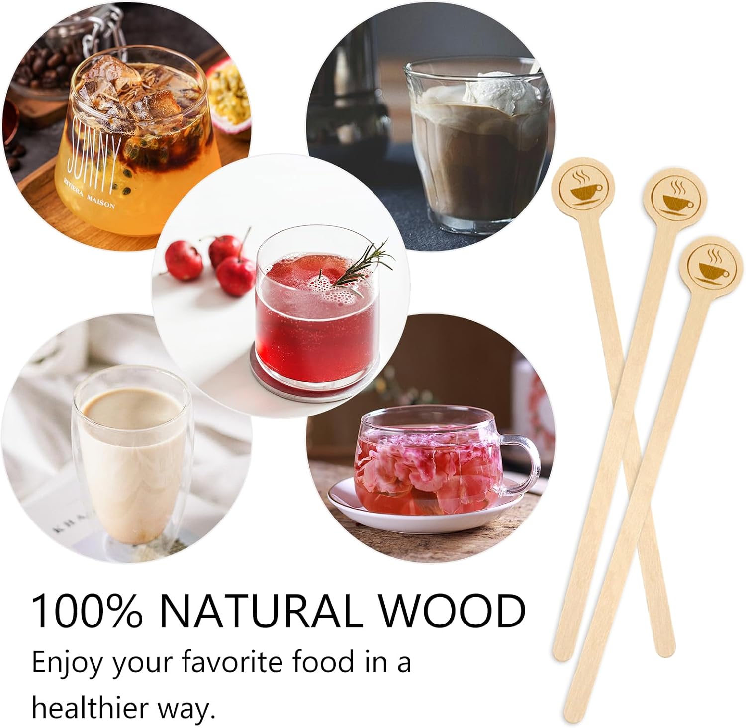5.9inch Wooden Coffee Stirrers with Round Ends, 100 Count Disposable Stir Sticks for Coffee & Cocktails, Wooden Beverage Mixer with Smooth Ends, Swizzle Drink Sticks - Image 3