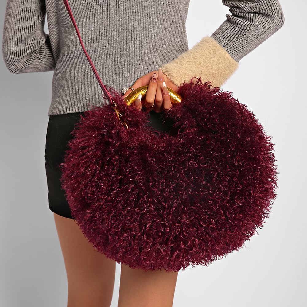 Women Shagy Furry Handbags Burgundy Fur Purse Fluffy Shoulder Bag Fur Hobo Bags Women