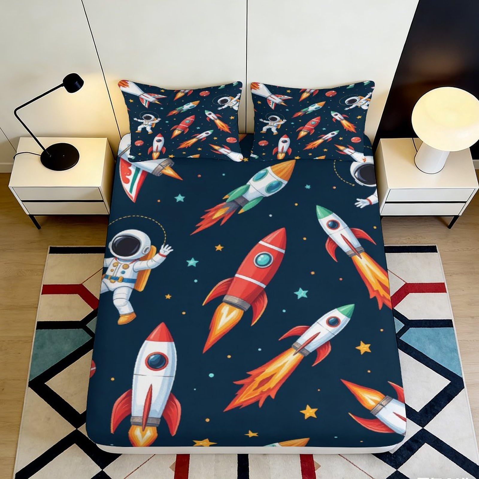 Jqzkxnhpbr Style-7 3D Printed Rocket Space Fitted Sheet Microfiber Soft Astronaut Mattress Cover For Bedroom Dorm Mattress Decor 90X200x25cm
