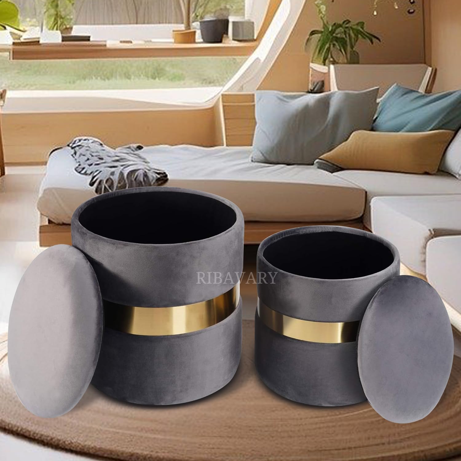 Set of 2 Luxurious Storage Ottoman, Round Ottoman with Storage, Abstract Storage Ottoman for Living Room, Storage Ottoman for Bedroom and Living Room.. (Pack of 1, Grey)-image-37