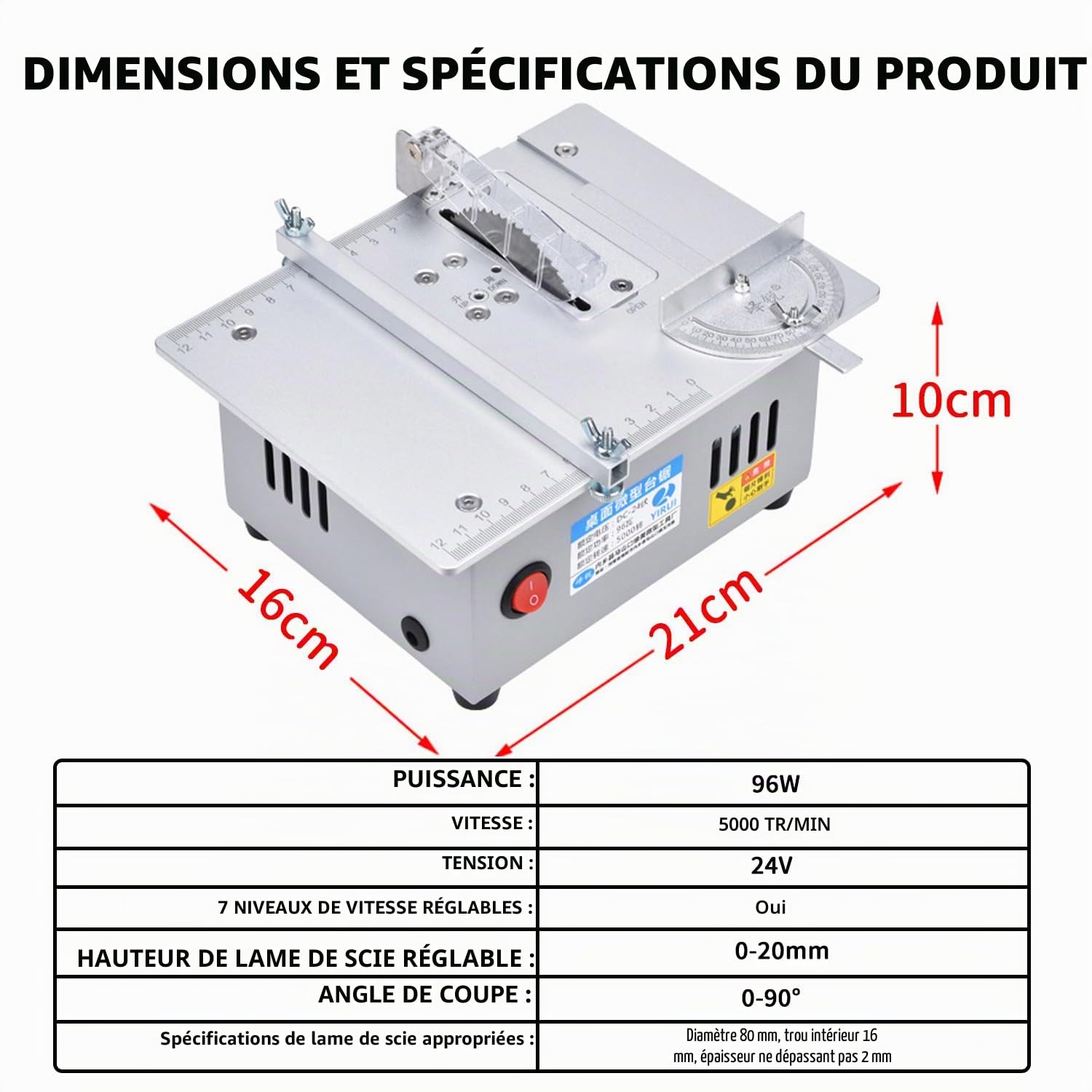 Mini scie circulaire de table, 5000 tr/min, hauteur de la lame réglable, 7 niveaux vitesse, idéal modélisme, travaux précision, mini scie électrique (60-85 mm)
