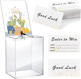 Teling Tall Acrylic Clear Donation Raffle Box with Lock and 100 Pcs Raffle Tickets Cards Ballot Donation Box with Slot and Sign Holder 5.9 x 7.8 x 9.8 Inch for Fundraising Voting Tip Class Conference