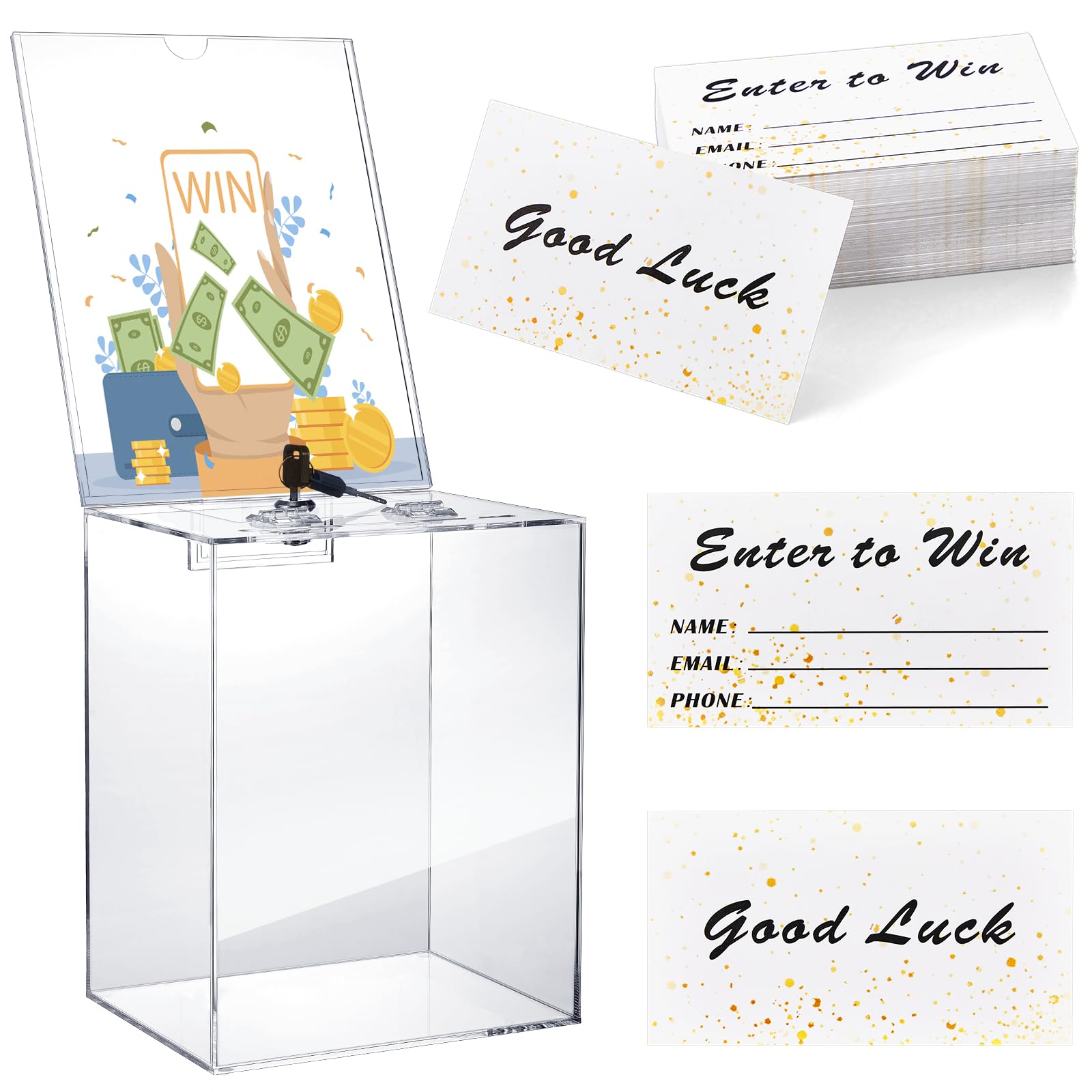 Teling Tall Acrylic Clear Donation Raffle Box with Lock and 100 Pcs Raffle Tickets Cards Ballot Donation Box with Slot and Sign Holder 5.9 x 7.8 x 9.8