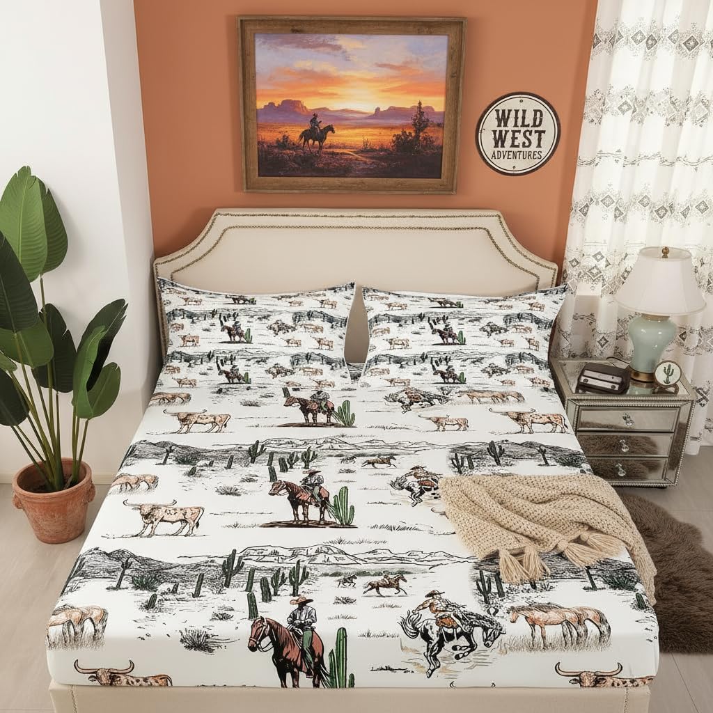 Western Cowboy Fitted Sheet Queen Size,Vintage Southwest Style Bed Sheet Desert Cactus Cow Horse Animals Bedding Set for Kids Boys Girls Adult Room Decor,Grey Brown Deep Pocket Sheet,No Flat Sheet
