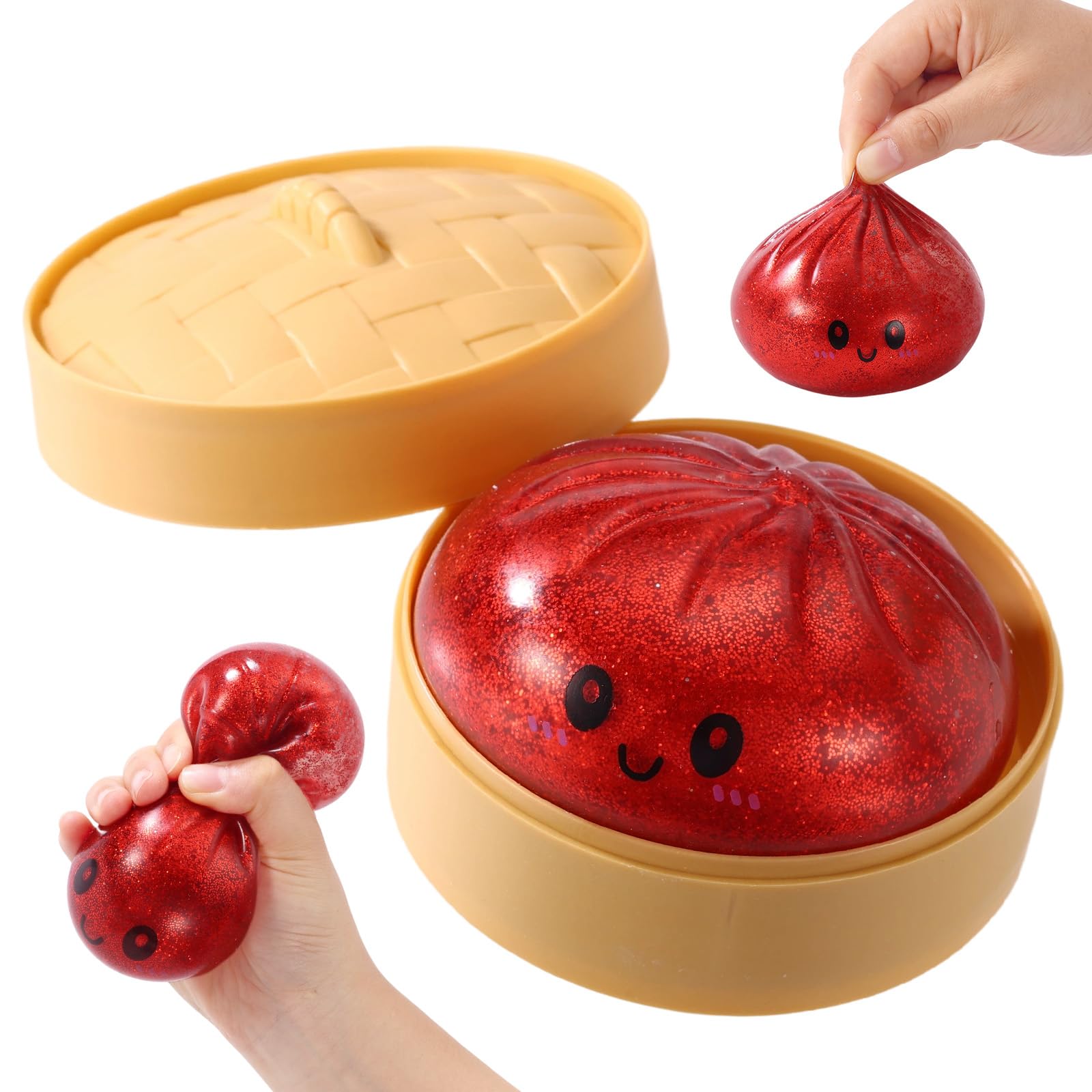 Glitter Giant Dumpling Squeeze Toy with Steamer Box, Soft Cute Squishy Giant Mega Big Jumbo Dumpling Toy with Cute Expression for Adults Birthday Holiday Present (Red)