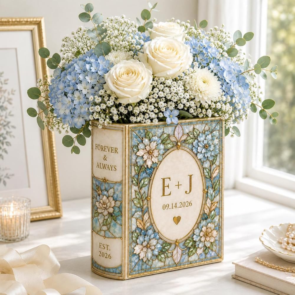 Personalized Wedding Book Ceramic Vase, Personalized Wedding Gifts for Couple with Custom Name & Date, Engagement Flower Vase Customized, Gifts for Newlyweds 01