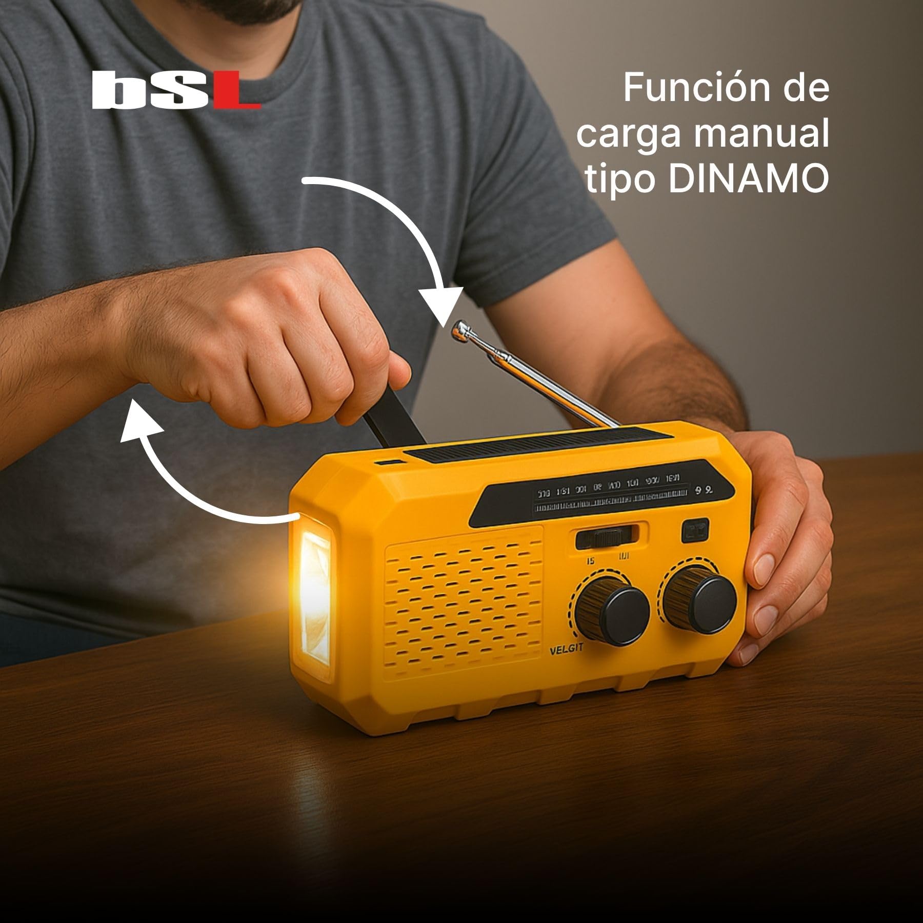 BSL Radio Portátil Am/FM CT-6127 | Carga Solar y manivela Dynamo | Linterna LED | Batería Recargable 2000mAh Almacenamiento y Carga Dispositivos externos | USB-A y USB-C.