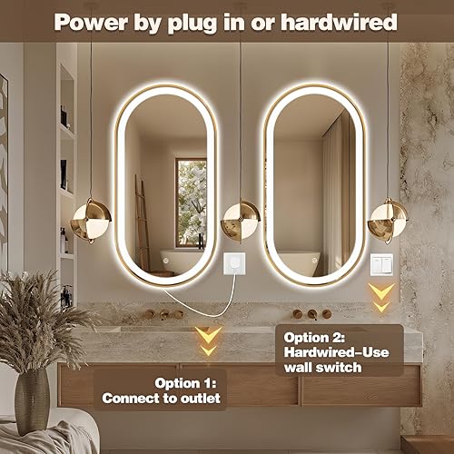 Miniatura 14 de Espejo de baño LED ovalado de 32 x 20 pulgadas con luces, espejo de tocador negro con luz antiniebla montado en la pared, espejo ovalado LED