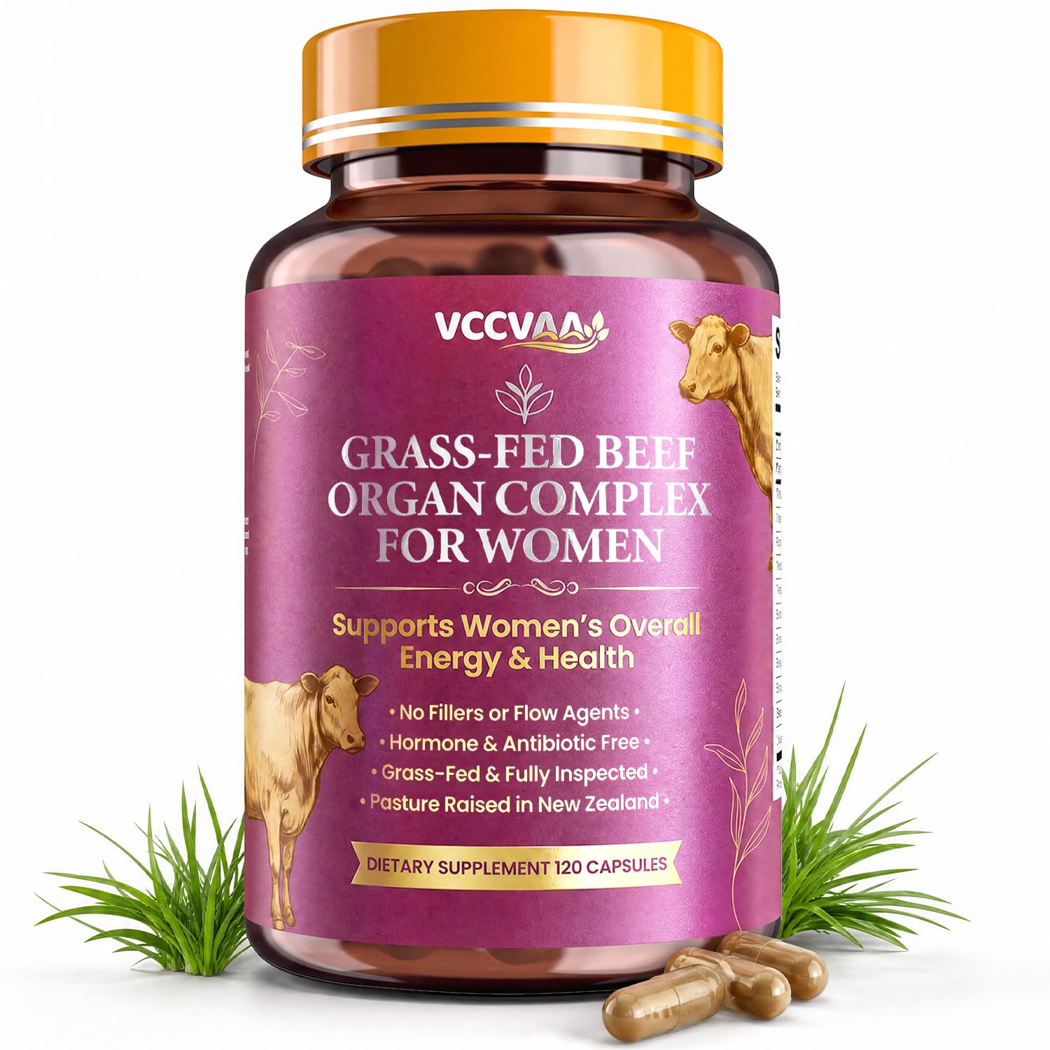 Grass Fed Beef Organ Supplement for Women – New Zealand Bovine Liver Support Supplement, Heart & Kidney – Daily Energy, B12 & Bioavailable Ferritin – 120 Capsules