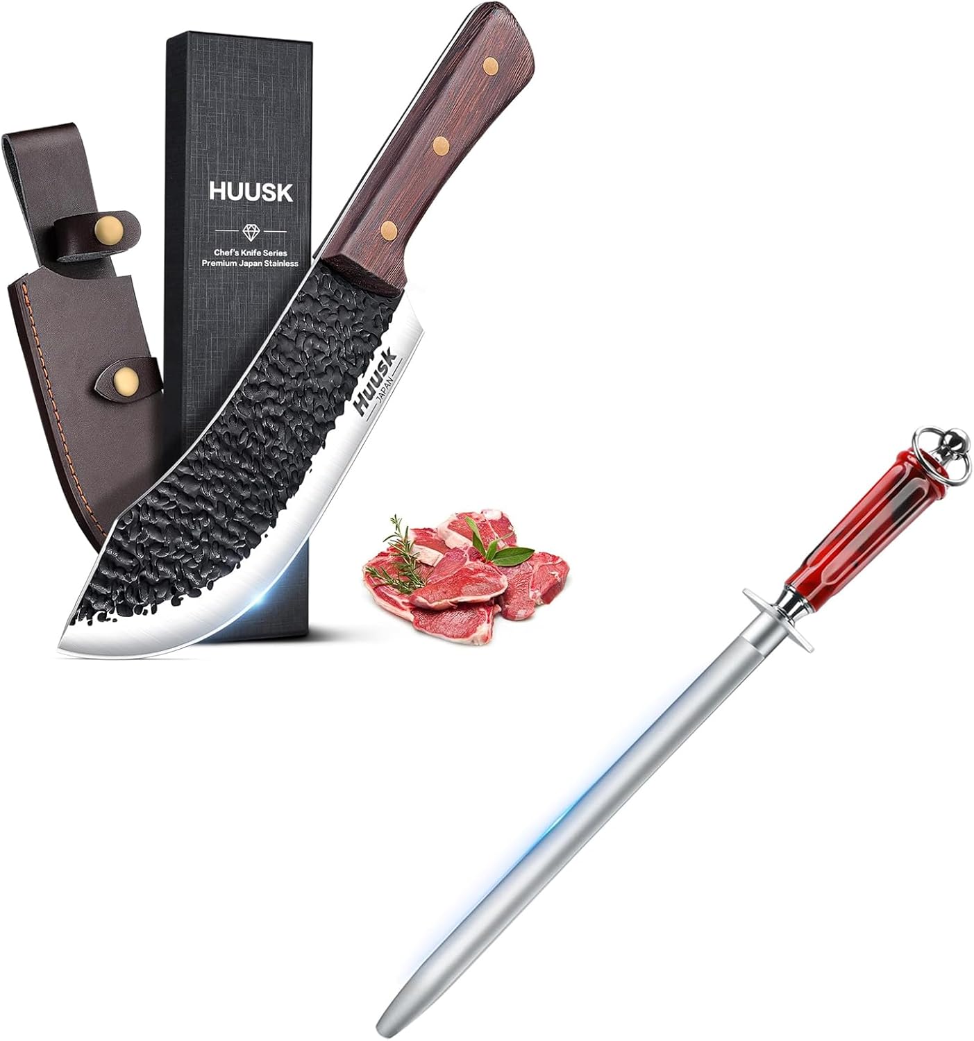 Huusk 7" Meat Cleaver Knife & 10" Knife Sharpener Rod