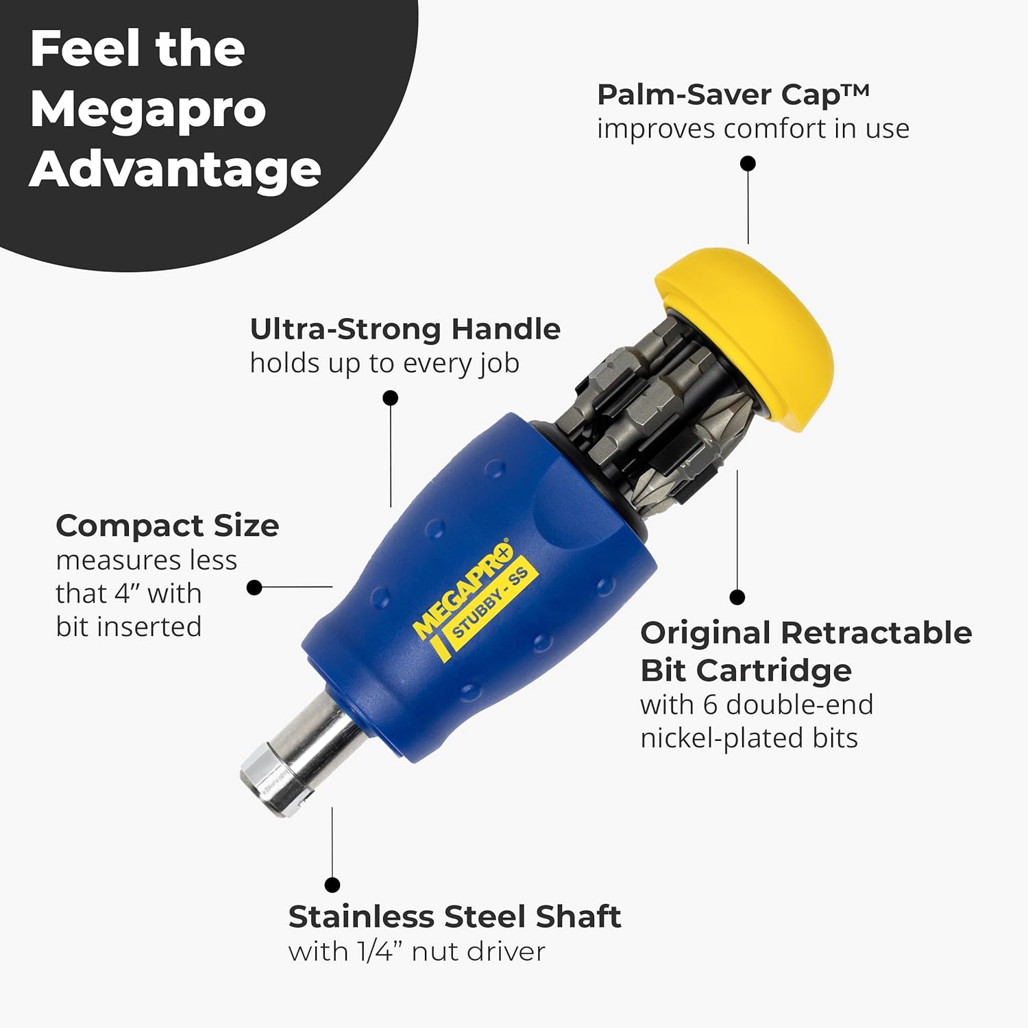 MEGAPRO® 13-in-1 Stubby Multi-Bit Screwdriver | Compact Driver | Small Screwdrive | Multi-bit Screwdriver for Tight Spaces
