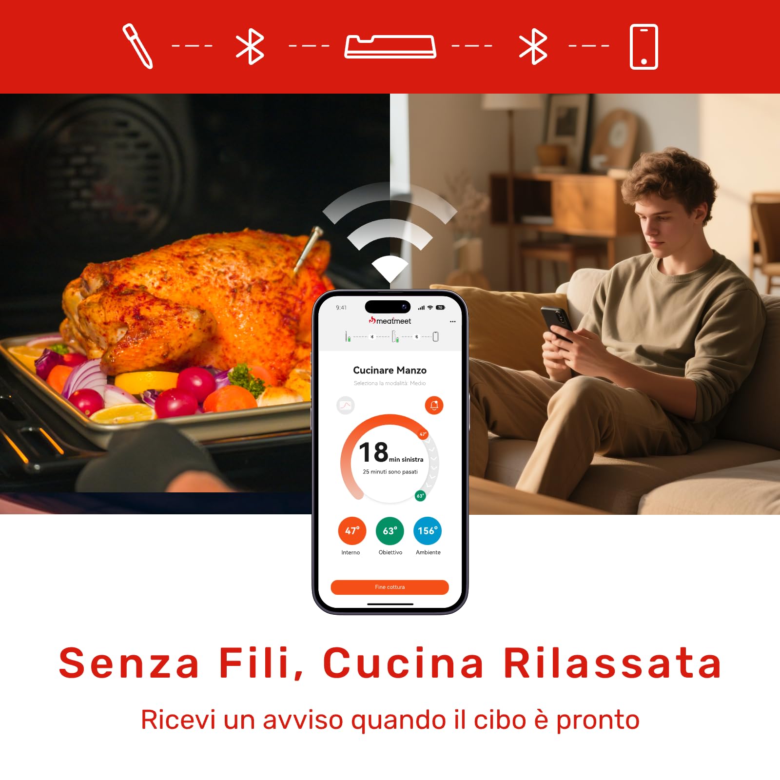 Meatmeet S Pro Termometro per carne con Bluetooth, 6 sensori di temperatura funzionano simultaneamente, precisione ±0,1°C, monitoraggio tramite app con allarme, IP69 impermeabile e resistente all'olio