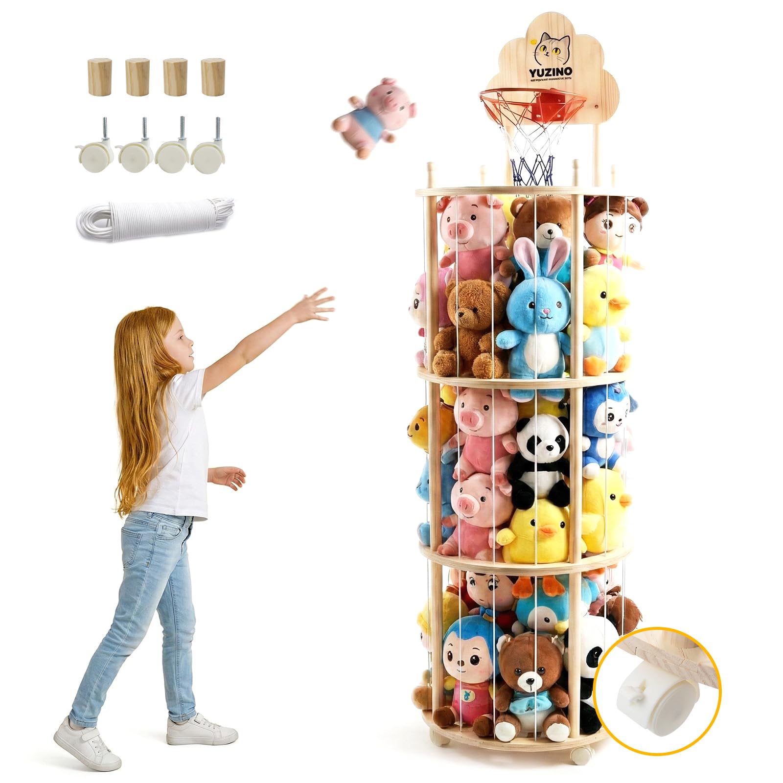 Caja de almacenamiento de 3 niveles para juguetes de peluche de madera con ruedas y canasta de baloncesto, 175 cm, gran soporte para juguetes de peluche con cuerdas elásticas para habitación