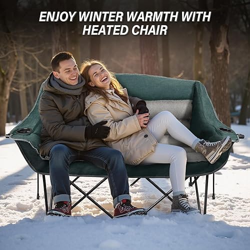 Miniatura 7 de Sillas de campamento dobles con calefacción, 3 niveles de calor acolchadas y portátiles con soporte para copas de vino, soporte para tazas,