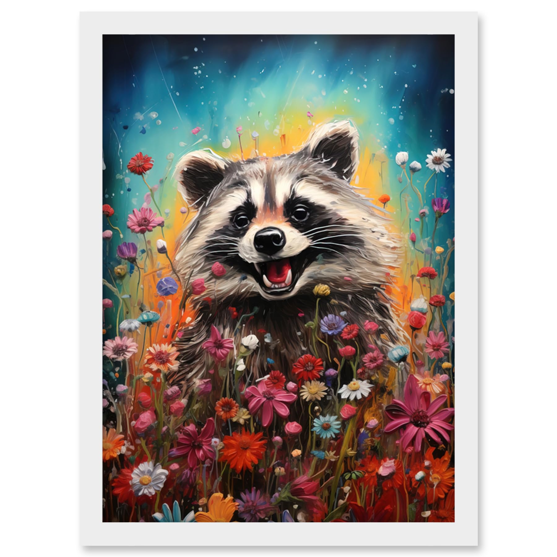 Artery8 Gleeful Racoon Quirky Portrait Spring Makes Everything Better Oil Painting Kids Bedroom Blooming Wildflower Meadow Artwork Framed Wall Art Print A4