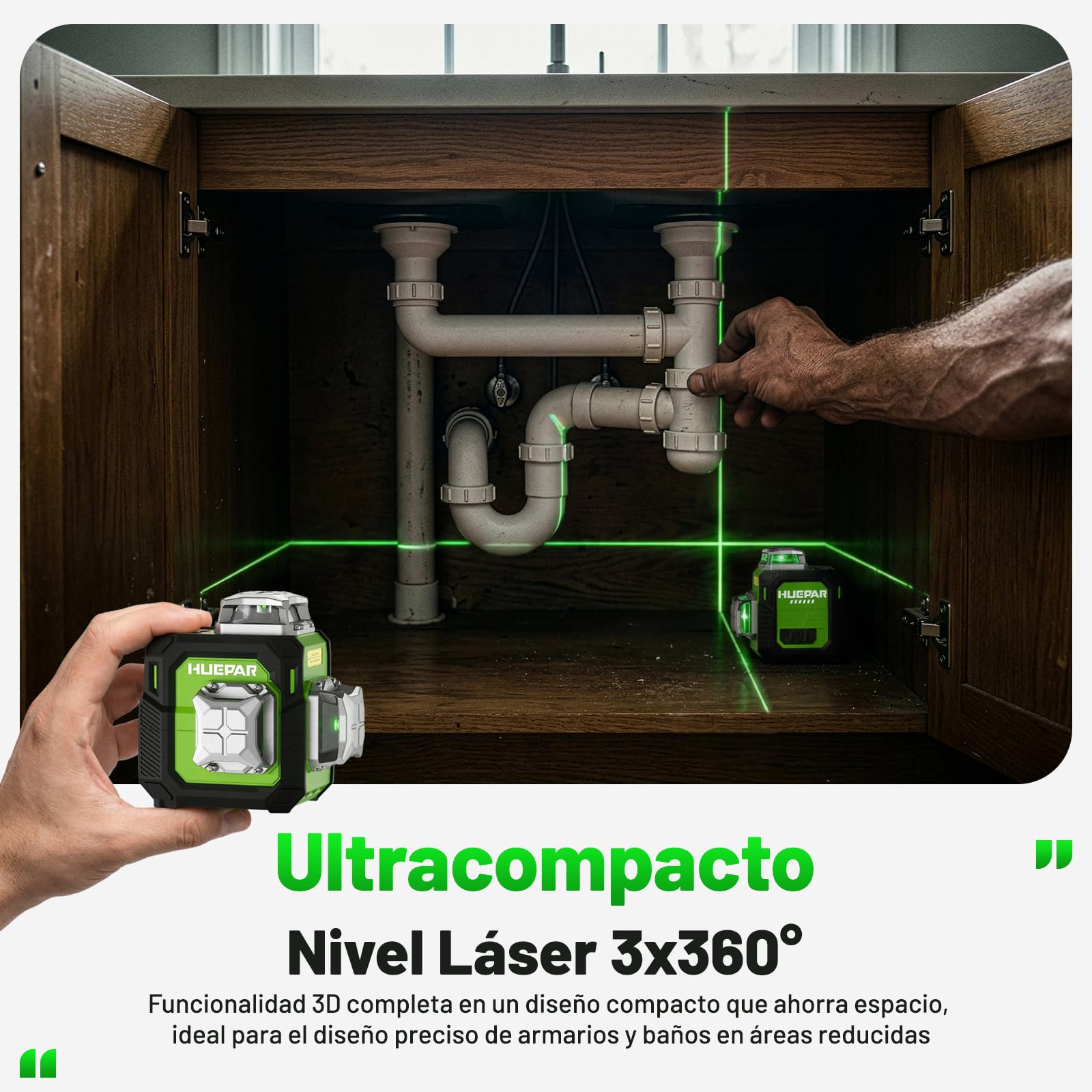 Huepar Livella Laser Verde 3D 3x360° Autolivellante, Precisione ±3mm, 40m(70m con Ricevitore), Compatta Livello Laser con 152cm Treppiede, Ideale per Lavori in Spazi Stretti, Controsoffitti, USB-C