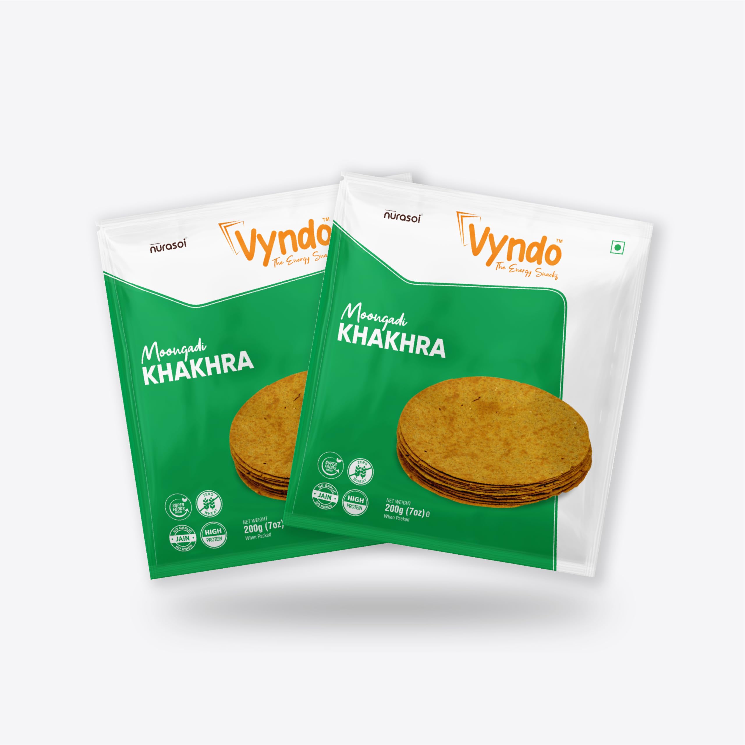 Vyndo Moongdi Khakhra Pack of 2 (200g Each) | High Protein & Fiber | Gluten-Free | Protein-Rich Moong Dal Khakhra | Healthy Energy Snack for Kids & Adults.