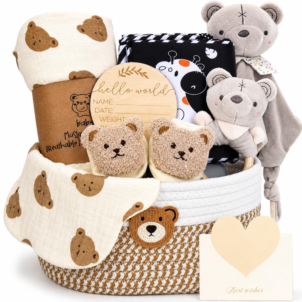 Neugeborenen Geschenk, Baby Geschenkset für Jungen/Mädchen, Sensorisches Buch, Babydecke, Wickelsocken, Rassel, Lätzchen, Meilensteinkarten, Baby Geburt Geschenk, Babyparty