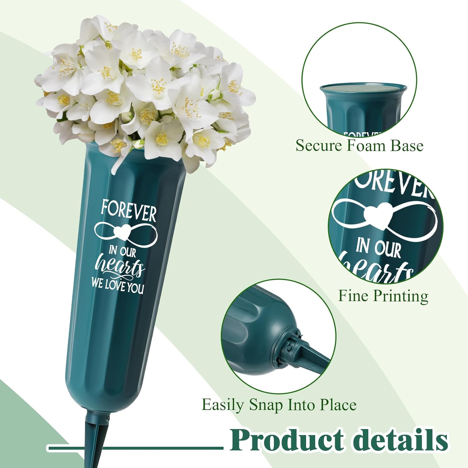6 Set Spikes Cemetery Vases with Foam Inserts Plastic Green Memorial Floral Vases Grave Decorations for Cemetery Grave Flower Holder Cones(Heart)