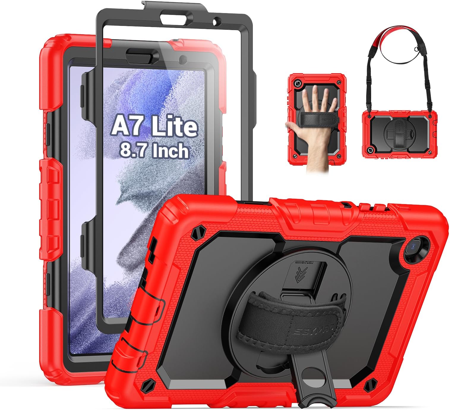 SEYMAC Case for Samsung Galaxy Tab A7 Lite 8.7" (SM-T220/ T225/ T227), Heavy Duty Full-Body Shockproof Protective Case with Screen Protector, Rotating Stand, Hand/Shoulder Strap, Red